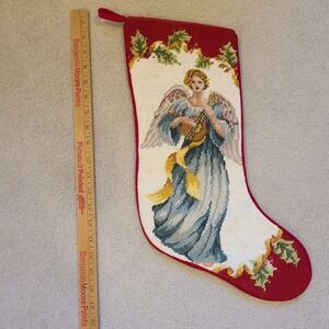 Angel Needlepoint Christmas Stocking Holiday Decor Handmade Red Victorian